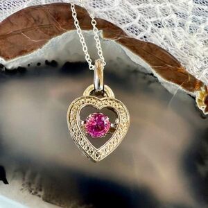 Vintage Trembling Pink Sapphire Sterling Silver Filigree Heart Necklace